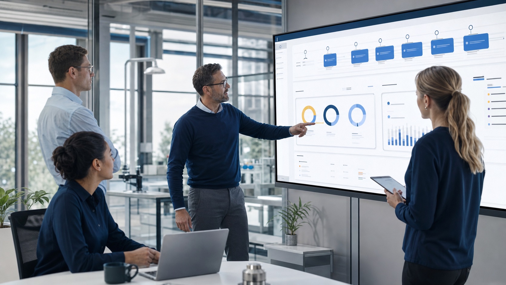 Quality operations team reviewing workflow dashboards together