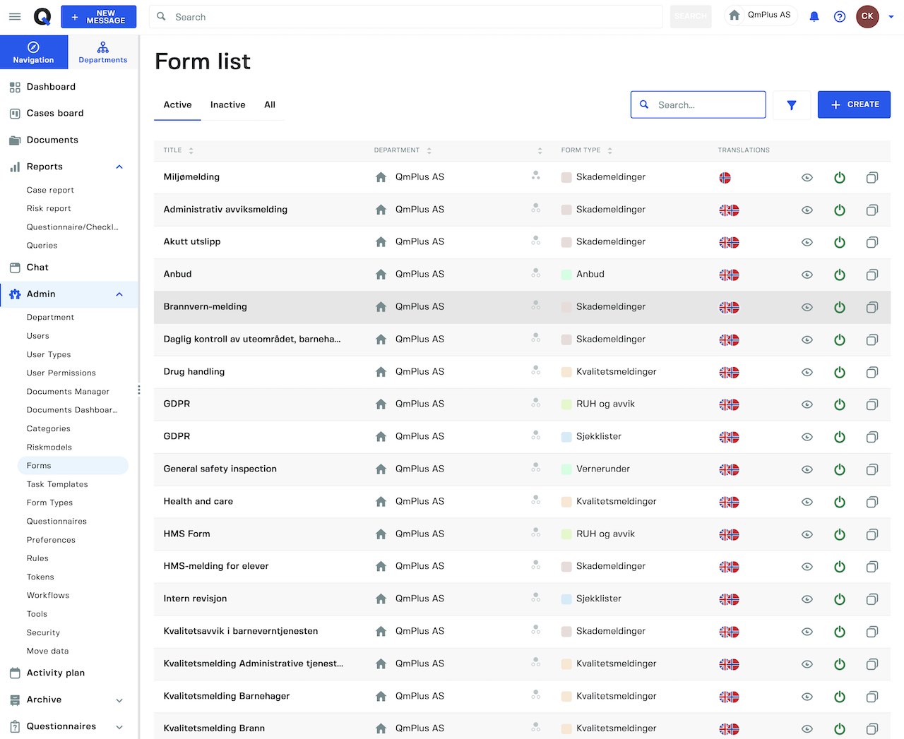 QMPlus form builder showing fields and structured entry configuration