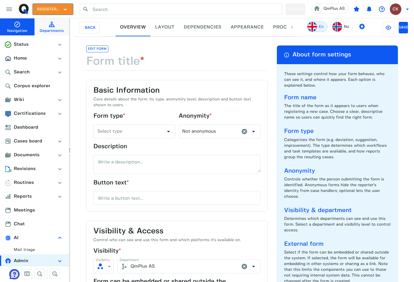 QMPlus form builder showing a translated damage report form with editable fields