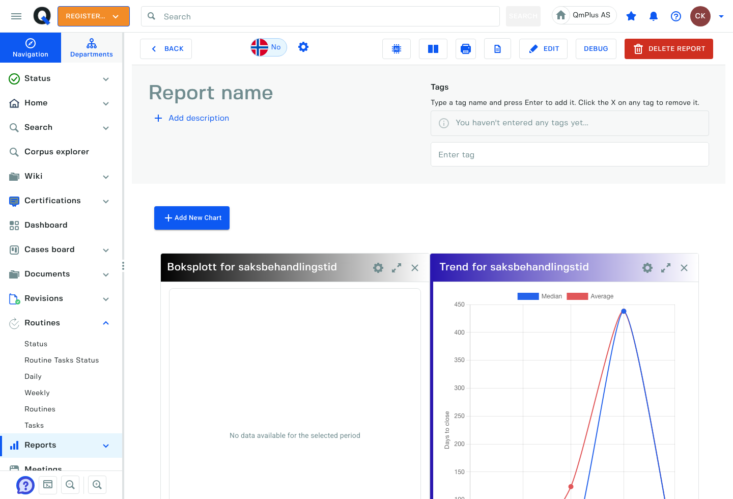 QMPlus report builder showing report settings, tags, and a dashboard panel preview