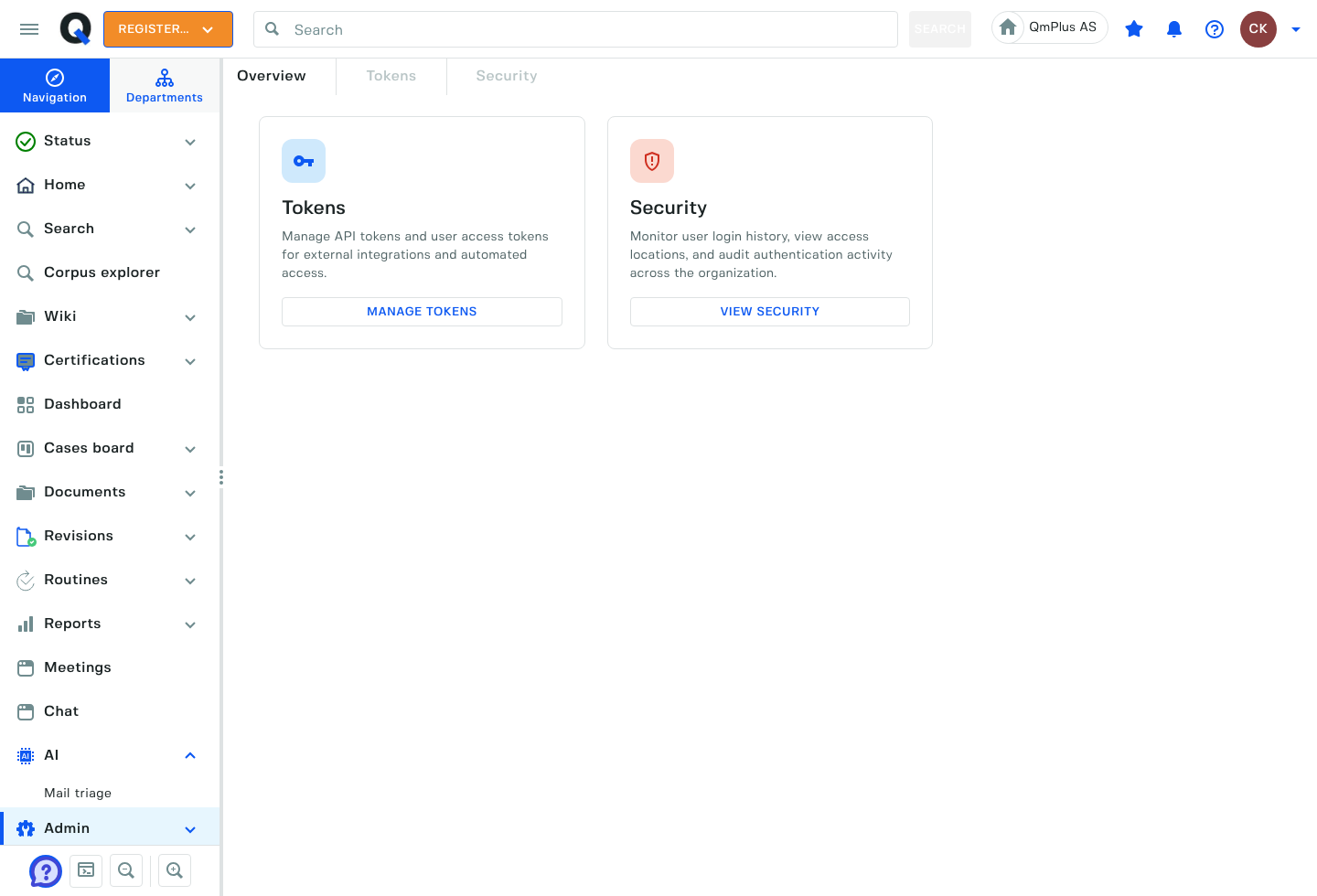 QMPlus security hub showing cards for access tokens, security settings, and user administration