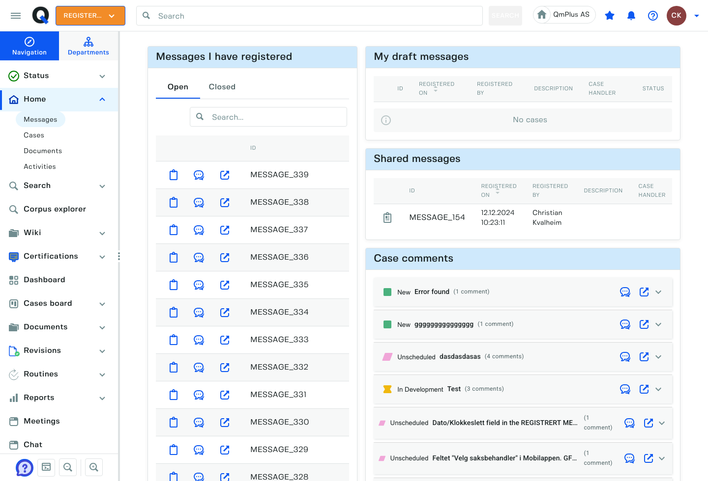 QMPlus work overview showing registered messages, drafts, shared messages, and case comments